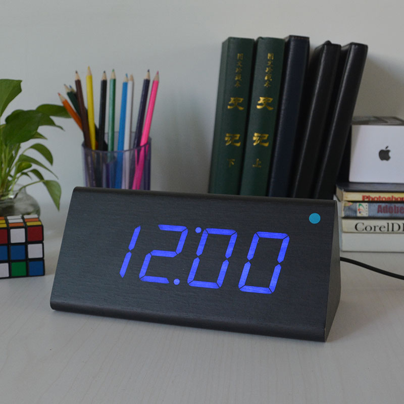 Modern Triangle Wood Grain Clock Digital LED Alarm Clocks 21CM